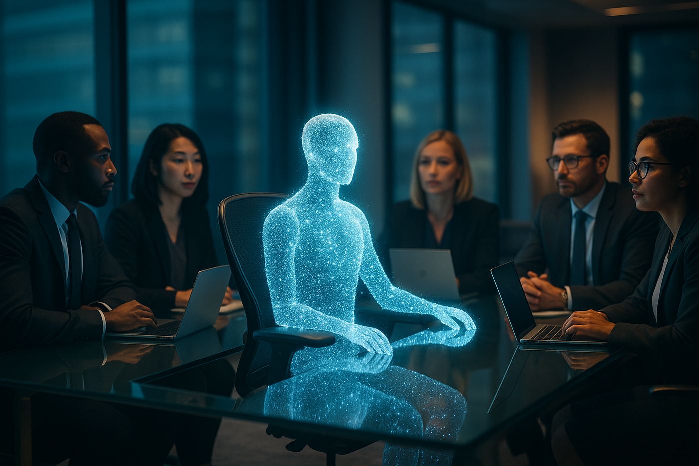 Pasitarimų kambarys, aplink stalą sėdi žmonės ir šviečianti hologramos figūra tuščioje kėdėje, simbolizuojanti AI kolegą