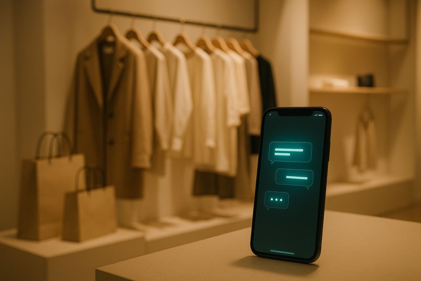 Išmanusis telefonas su pokalbio programėle mados parduotuvės fone