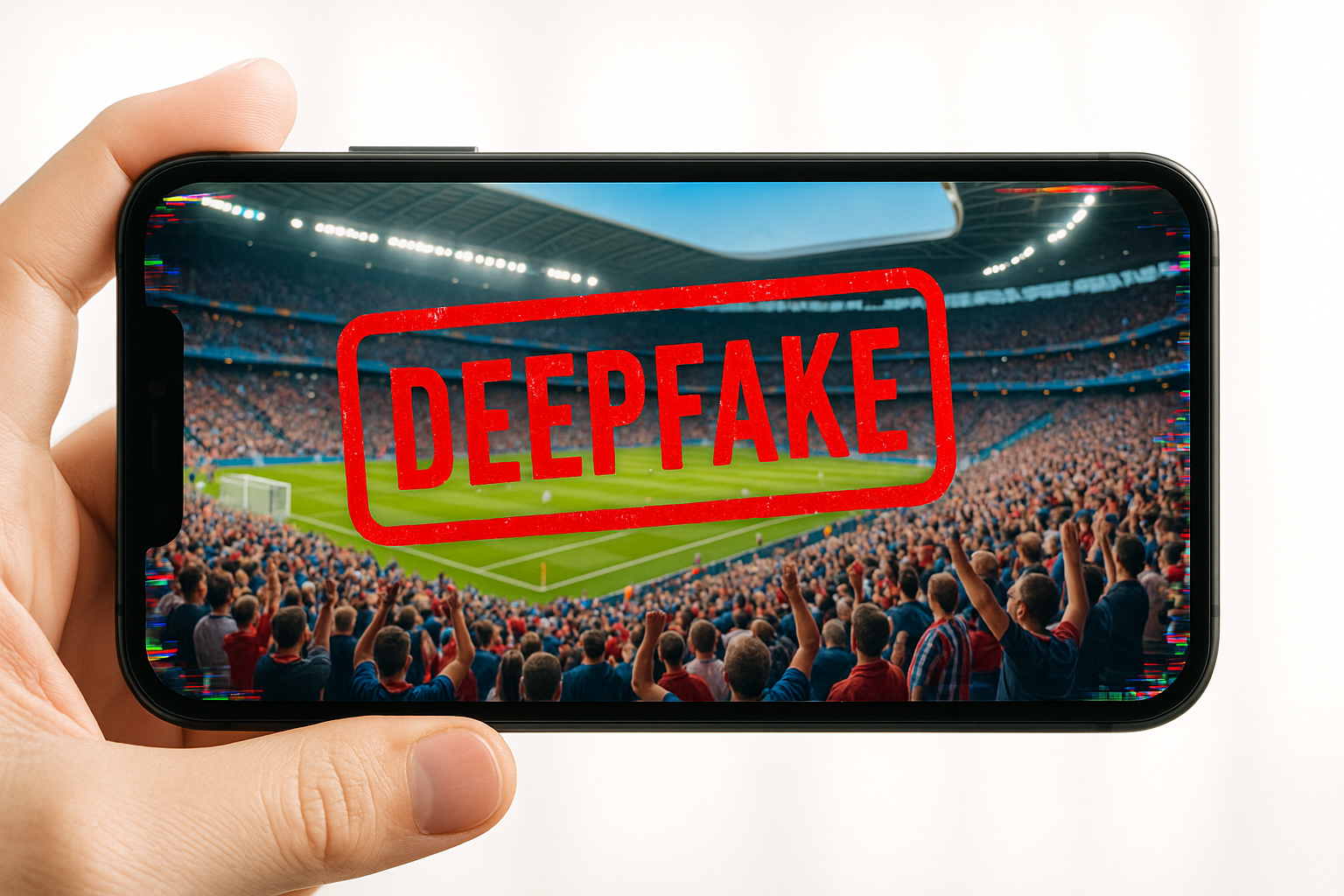 Telefonas su futbolo stadiono nuotrauka ir DEEPFAKE antspaudu