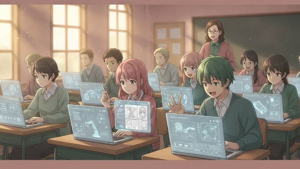 Anime stiliaus iliustracija, kurioje matomas mokyklos klasės vaizdas su mokiniais, naudojančiais nešiojamuosius kompiuterius, o ekranuose matomi DI įrankiai. Fone matyti mokytojas, stebintis mokinius. Šviesa sklinda iš lango, apšviesdama klasę.