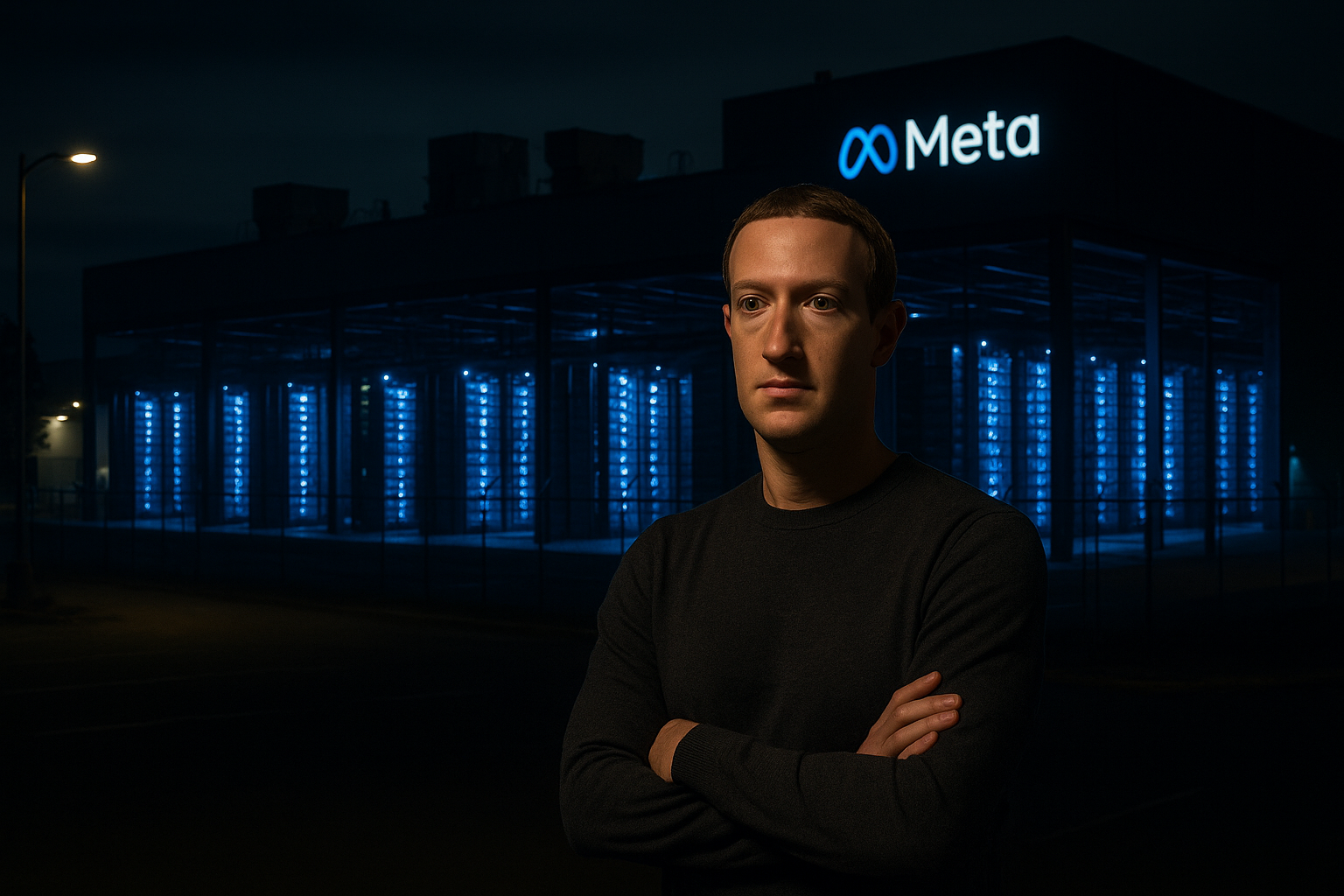 Meta AI duomenų centras naktį