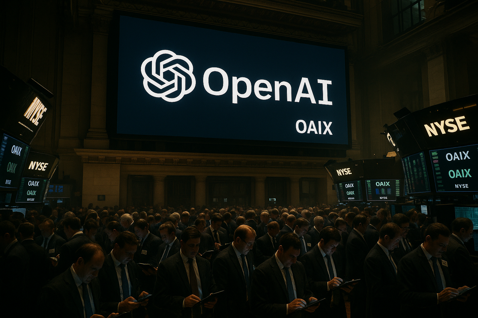 OpenAI logotipas ant NYSE biržos ekrano su OAIX ticker