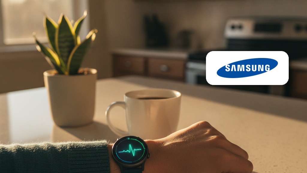 Išmanusis laikrodis su širdies pulso grafiku ekrane ant riešo šviesioje virtuvėje, šalia «Samsung» logotipas